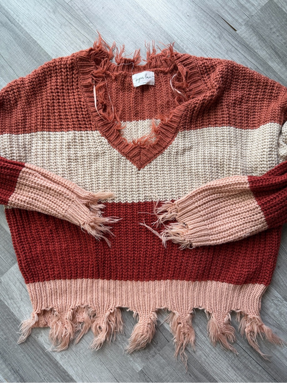 Frayed Stripe Cowl Sweater in Rust, Cream & Blush
